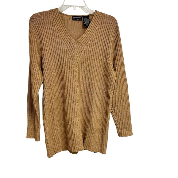 Liz Claiborne Women's V-Neck Ribbed Pullover Sweater Metallic Brown Size L - Picture 2 of 5